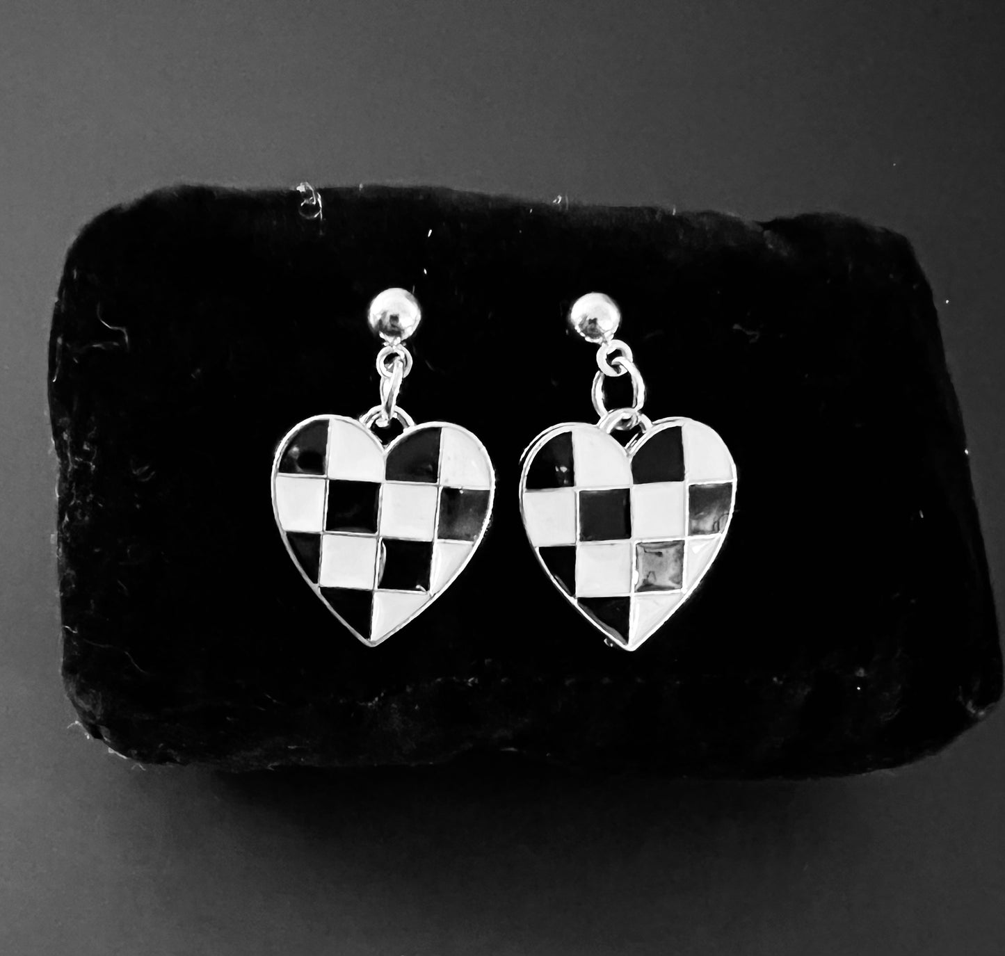 Checkered Heart Dangle Earrings