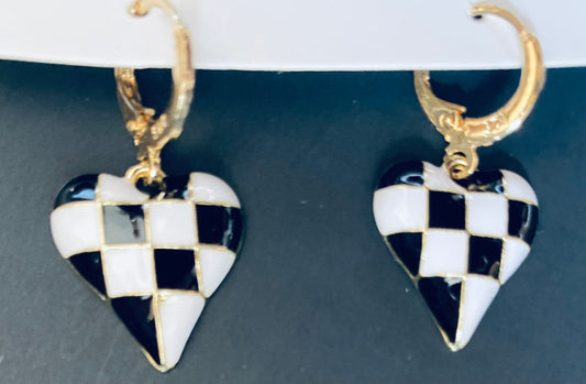 Black & White Checkered Lever-back Earrings